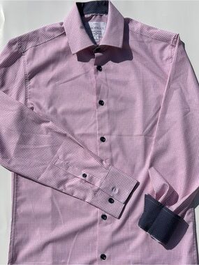 CON.STRUCT pink & white check 4-way stretch performance button front shirt Small